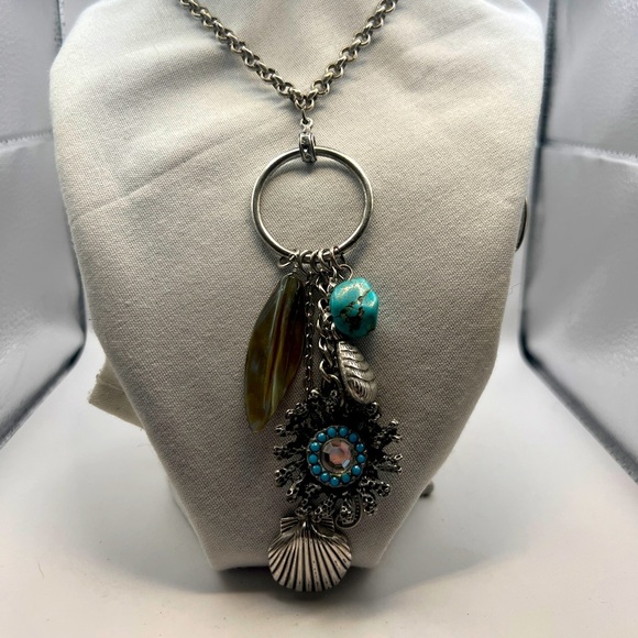 Chico's seahorse, jadeite, seashell long pendant silver tone necklace - Picture 1 of 14